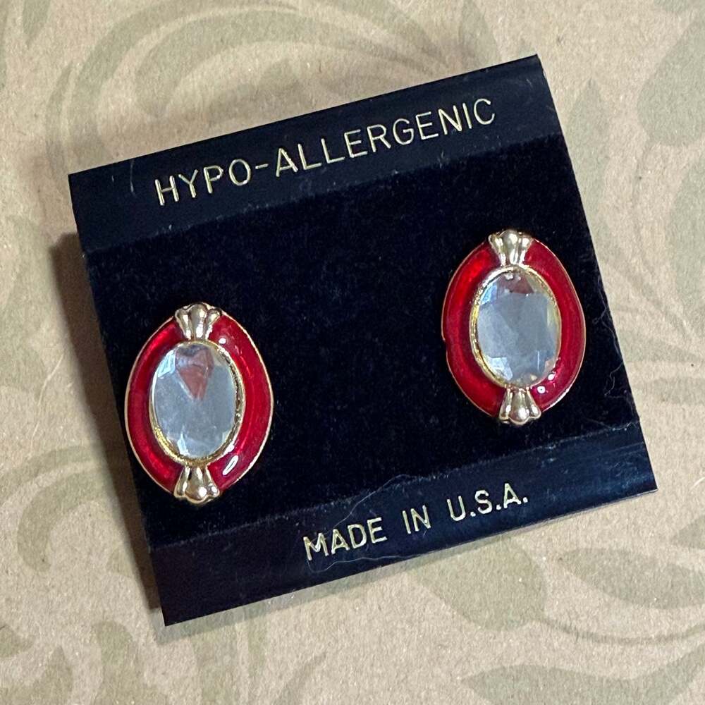 Vintage NOS Red Enamel Clear Rhinestone Gold Tone Pierced Earrings 1”